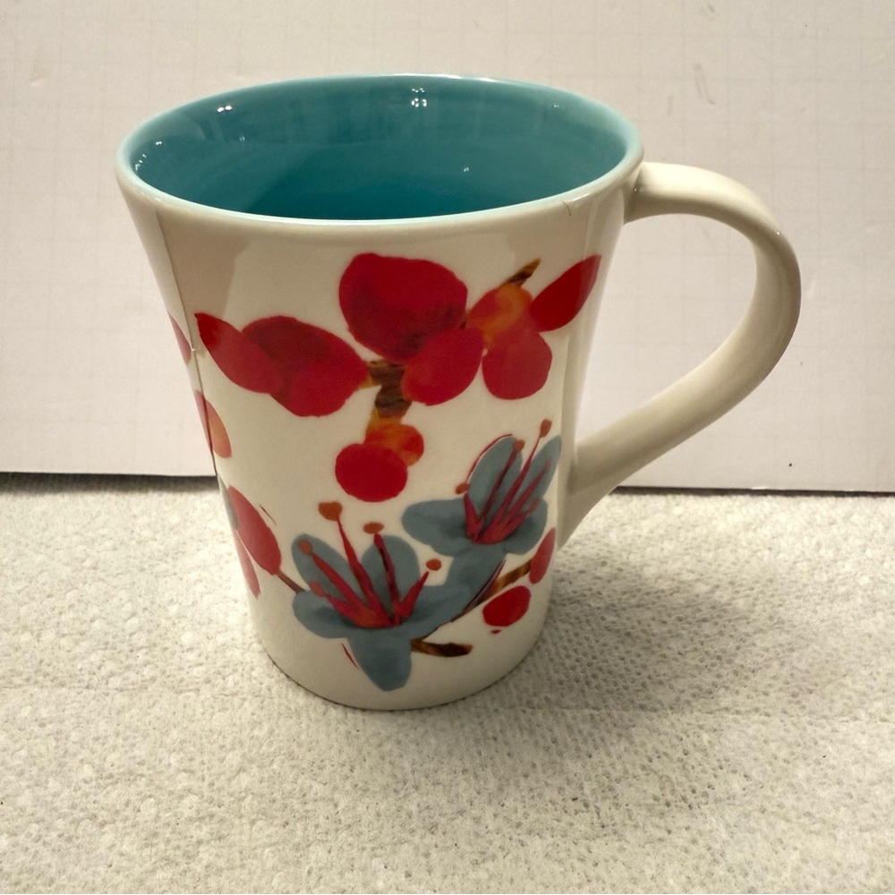 Floral Starbucks Ceramic Mug with Red and Blue Design